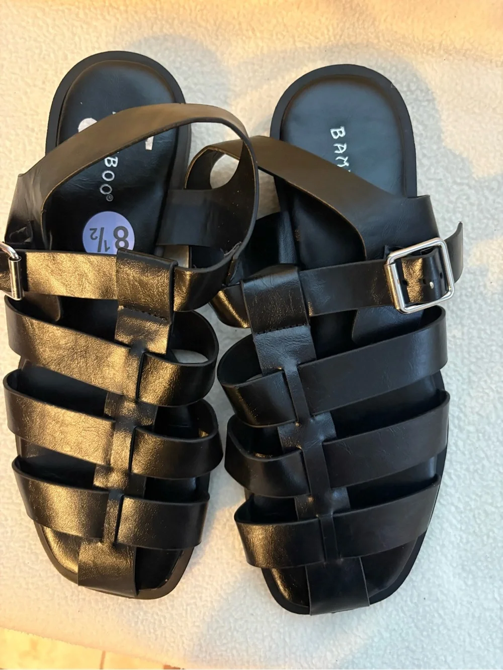 BAMBOO Men's Black Strappy Fisherman Sandals with Silver Buckles